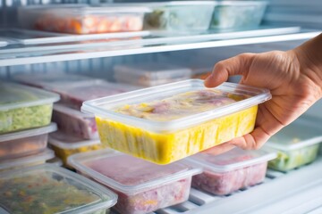Poster - Hand Placing a Labeled Frozen Meal Into a Chest Freezer in a Kitchen Environment During Daylight Hours
