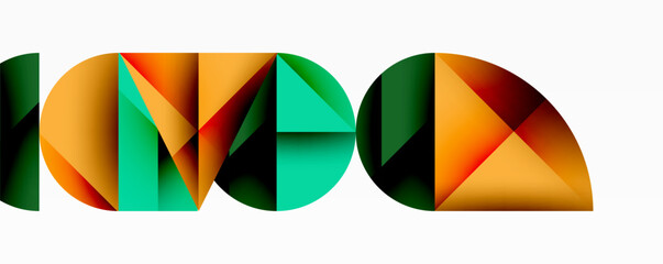 Leinwandbilder - Abstract geometric shapes form letters. Colors include green, orange, brown. Minimalist design with clean lines, modern aesthetic.