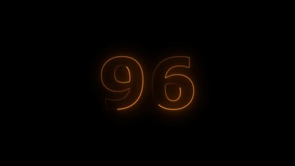 Leinwandbilder - ninety six number display neon bright flat style orange color animation. Glowing orange color neon countdown timer 96 number animation on black background.