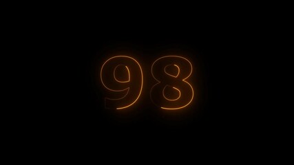 Leinwandbilder - ninety eight number display neon bright flat style orange color animation. Glowing orange color neon countdown timer 98 number animation on black background.