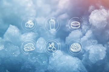 Poster - Frozen Food Brand Icons Displayed on Icy Background Offering a Clean and Modern Layout for Easy Identification of Products and Meal Options