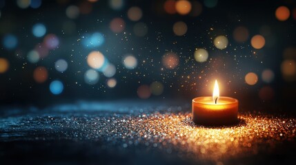 Aufkleber - A single lit candle glows warmly in the dark, surrounded by sparkling lights and a soft, dreamy bokeh background.