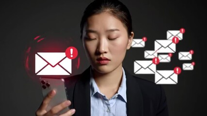 Poster - Asian Young Woman with Smartphone Receiving Spam Email Alerts on Dark Background