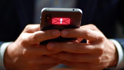 Poster - Close Up of Person Holding Mobile Phone with Red Alert Envelope Illustration in Dark Background