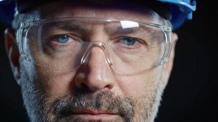 Poster - Close Up Portrait of a Construction Worker with Blue Eyes Wearing Safety Glasses and a Blue Hard Hat on Black Background