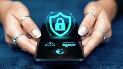 Poster - Female Hands Securing Data With Mobile Phone Shield Graphic Over Blue Texture
