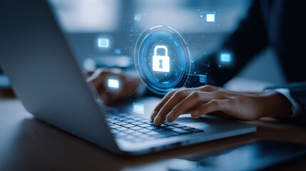 Cybersecurity: Illustrative of a person's hands working on a laptop with a digital lock symbol overlayed, capturing the essence of data security and digital safety.