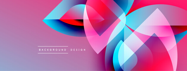 Poster - Abstract geometric shapes overlap, creating vibrant pinks, blues, purples. Gradient background adds depth, modern feel. Design elements suggest movement.