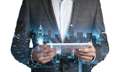 Poster - Man in Gray Suit Holding Tablet with Blue Cityscape Overlay on White Background