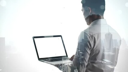Poster - Man in White Shirt Using Laptop with City Skyline Double Exposure on Bright Background