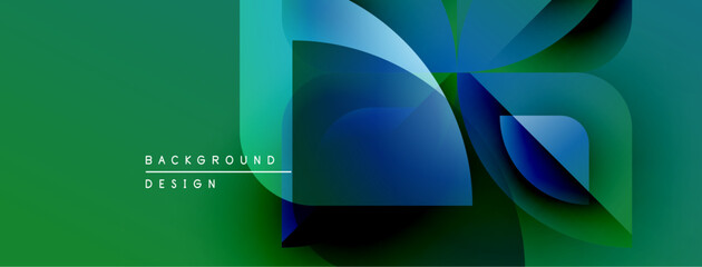 Poster - Abstract geometric shapes overlap. Green, blue hues dominate design. Modern aesthetic, dynamic composition, gradient effects present.