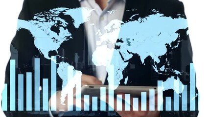 Poster - Midsection Of Businessman With Tablet Overlayed Global Map And Bar Graphs Analytics Against White Background