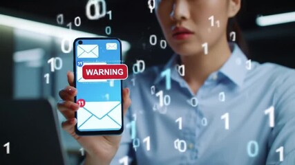 Poster - Mobile Phone Displaying Warning Alert Held by Woman in Blue Shirt with Digital Code Floating Around Device in Dark Background