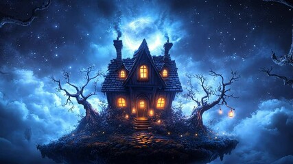 Wall Mural - Enchanted floating house in a starry night sky
