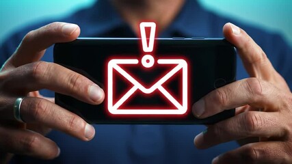 Poster - Person Holding Smartphone Displaying Glowing Red Envelope Icon with Exclamation Point on a Blue Background