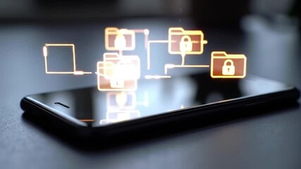 Poster - Smartphone Displays Holographic Folders With Padlocks in Dark Setting Showing Digital Security Technology