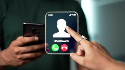 Poster - Woman Finger Hovering Over Incoming Call From Unknown Number Displayed On Phone Screen And Man Holding Black Cell Phone