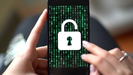 Poster - Woman's Hands Secure Smartphone with Digital Padlock and Green Binary Code Display for Cyber Protection