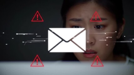 Poster - Worried Asian Woman Faces Email Security Threat on Laptop With Multiple Red Warning Signs