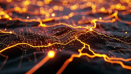 Poster - Glowing circuits merge into a complex neural network, illuminating the dark terrain with bright orange lines representing data flow and connection during a tech-inspired digital landscape exploration
