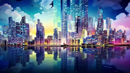 Poster - A vibrant holographic pixelated city emerges from the depths of the Network Cloud, showcasing tall skyscrapers illuminated by colorful lights and reflections on a tranquil water surface