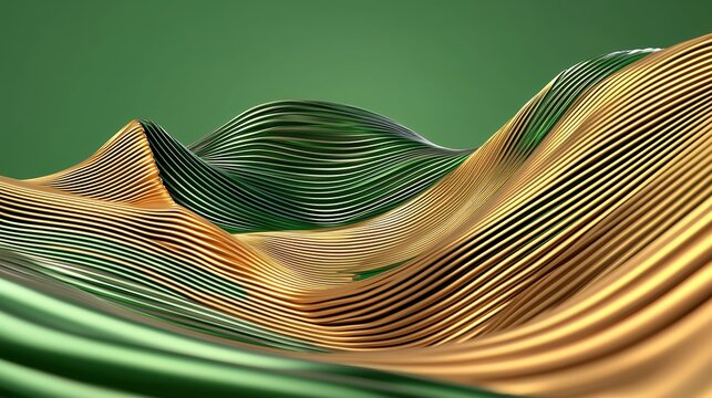 Abstract Gold And Green Textured Wave Landscape 3D Render