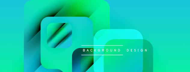 Poster - Abstract geometric shapes overlap, creating vibrant turquoise, green gradients. Text reads background design centered below forms. Modern, dynamic visual.