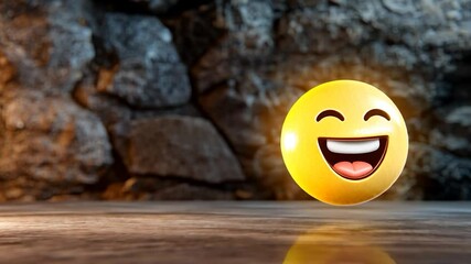 Cheerful yellow emoji face with happy expression on textured stone surface
