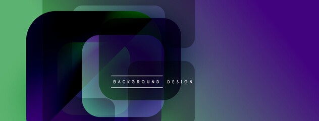 Poster - Abstract geometric shapes overlap. Purple, green hues dominate design. Text reads background design centrally positioned. Minimalist aesthetic.