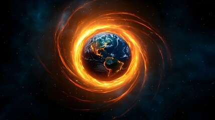 Wall Mural - A fiery, swirling vortex of orange and yellow energy encircles planet Earth against a backdrop of deep space and twinkling stars.