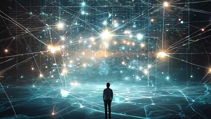 Poster - Person standing in a tech-infused network of interconnected lines and glowing lights, symbolizing innovation and digital connectivity in a futuristic environment