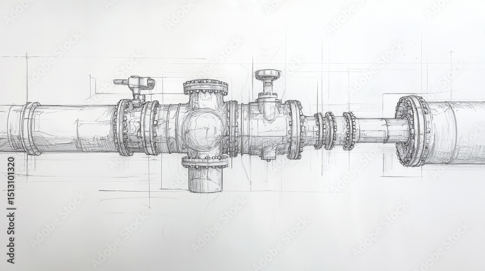 Detailed technical drawing of a complex industrial pipe system with ...