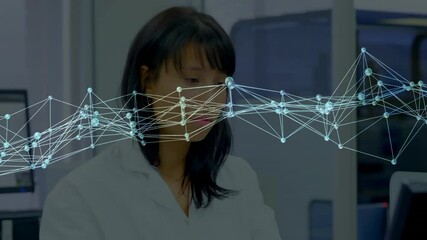 Poster - Lab scientist reaching into rack and lifting pink test tube examining sample with network overlay