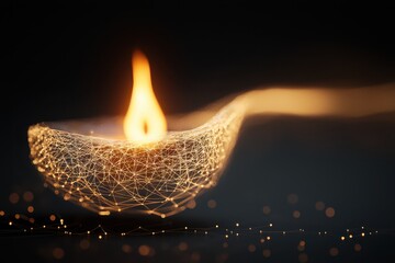 Poster - A digital rendering of a glowing oil lamp made from interconnected lines and dots, emitting a warm flame in a dark background.