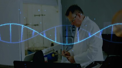 Poster - Lab scientist examining gauge and logging data during glowing DNA helix animating over copper coil