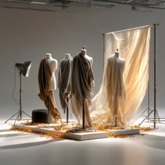 Poster - Ethereal Elegance: Mannequins in Studio, draped in flowing fabrics, illuminated by soft, cinematic lighting creating captivating shadows