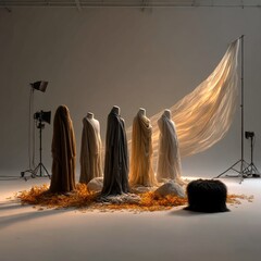 Aufkleber - Ethereal Studio: Abstract Fashion Showcase with Draped Figures and Autumnal Textures Illuminated by Studio Lighting 