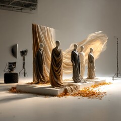 Poster - Fashion Studio: Mannequins Displaying Flowing Fabrics and Autumnal Accents in a Bright, Modern Setting 