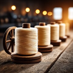 Aufkleber - Spools of Warm-Toned Yarn on a Rustic Wooden Table, bathed in soft light, evoke Craftsmanship and Nostalgia