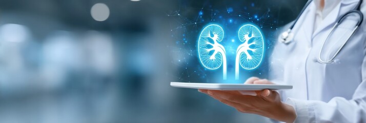 Poster - Medical Professional Presents a Kidney Diagram on a Tablet in a Clear Top Space for Educational Purposes in a Clinical Setting