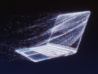 Poster - Futuristic laptop design with glowing particles in a dark space environment