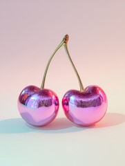 Poster - Two shiny metallic cherries reflecting vibrant colors against a pastel background in a creative art display