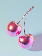 Poster - Shiny metallic cherries resting against a soft blue backdrop, showcasing vibrant colors and smooth surfaces