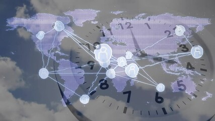 Aufkleber - Analog clock face initiating glowing nodes and animating lines visualizing world map data flows