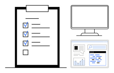 Poster - task checklist with checkmarks, desktop monitor, and web interface featuring graphs and text search.