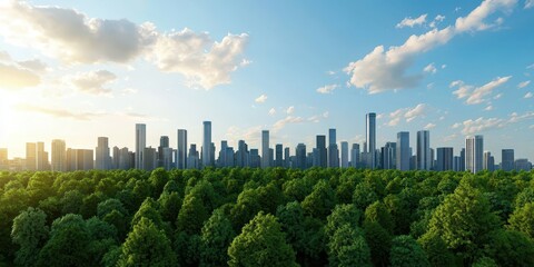 Poster - A modern city skyline rises above a lush green forest under a bright blue sky with scattered clouds.