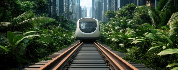 Poster - A modern train travels through lush greenery in a futuristic city surrounded by tall buildings and dense vegetation.