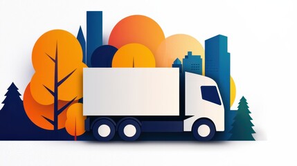 Poster - A white delivery truck drives past vibrant city buildings and colorful autumn trees in a modern, stylized illustration.