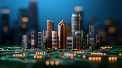 Poster - A modern city skyline with illuminated skyscrapers and blurred city lights at night.