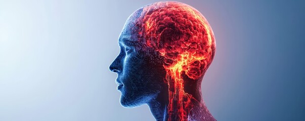 Fototapete - A digital illustration of a human head profile highlighting the brain with vibrant, glowing neural pathways.